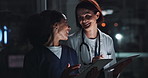 Doctors, women and happy in night with tablet, report or planning for medical discussion in hospital. Nurse, medic and people with application, results or review for feedback, analysis and healthcare