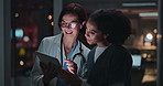 Doctors, women and planning in night with tablet, click or talking for medical discussion in clinic. Nurse, medic and people with smile, results and review for feedback, data analysis and healthcare