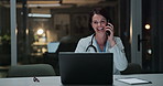 Doctor, woman and phone call in night at hospital with laptop for sharing results, reading or information. Mature medic, person and smartphone for contact, happy and giving news at healthcare clinic