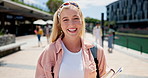 Student, woman and face at campus, outdoor and happy with books, backpack and pride for college education. Gen z person, girl and portrait with smile for learning, studying and progress at university