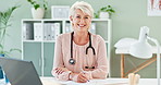 Senior, happy woman and face of doctor with documents for medical, healthcare or insurance at office. Portrait of mature female person, cardiologist or professional with smile, laptop and paperwork