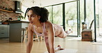 Fitness, woman and pilates in living room for exercise,  balance and stretching for flexibility or healthy body. Lady, workout and training on mat for wellness and muscle strength or breathe in home