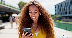 Woman, college student and laugh with phone on walk with meme, reading and books for studying at campus. Girl, gen z person and happy with smartphone for funny post on social media app at university