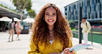 Student, girl and face at university, outdoor and happy with books, excited and pride for college education. Gen z person, woman and portrait with smile for learning, studying and progress at campus