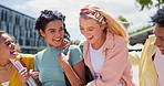 University student group, happy and hug on walk to class with diversity, care or campus for education. Gen z friends, women and man with smile for embrace for solidarity, learning or study at college