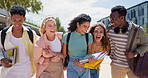 University student group, laugh and hug on walk to class with diversity, care or campus for education. Gen z friends, women and men with smile in timelapse for learning, study and excited at college