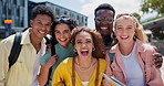 University student, friends and happy with face, hug and diversity at campus for education in summer. Gen z group, women and men with embrace, solidarity or excited for learning, studying and college