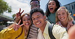 College student, friends and happy with selfie, hug and diversity at campus in summer with peace sign. Gen z group, women and men with emoji, solidarity or excited with social network at university