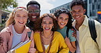 College student, friends and happy with face, hug and diversity at campus for education in summer. Gen z group, women and men with embrace, solidarity or excited for learning, studying and university