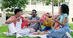 Students, friends and toast at picnic, university and happy with fresh start for development in education. Gen Z people, group and celebration with diversity, drink or soda for cheers on college lawn