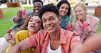 University student, friends and selfie at picnic in park with smile on face for fruit, drink and relax at campus. Men, women and gen z group on grass lawn for memory, photography and social network