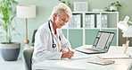 Senior woman, doctor and writing prescription with paper for insurance, diagnosis or results by laptop at office. Mature female person, cardiologist or medical worker signing form or document on desk