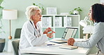 Woman, doctor and consulting patient with prescription for diagnosis, dosage or quote on medication at clinic. Female person, cardiologist or medical worker with client for consultation or advice