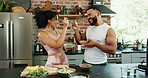 Happy, cheers and couple with fruit salad in kitchen for healthy, nutrition or diet breakfast. Smile, love and young man and woman eating smoothie bowls together for wellness snack in apartment.