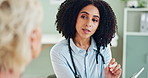 Woman, doctor and consulting client with tablet for results, diagnosis or research at the hospital. Female person, cardiologist or medical employee talking to patient with technology for consultation