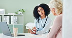 Woman, doctor and tablet with patient in discussion for healthcare advice, prescription or diagnosis at clinic. Female person, cardiologist or medical worker consulting client on technology at office