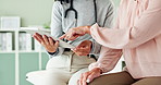 Tablet, hands and closeup of doctor with patient for consultation in hospital with research. Digital technology, discussion and healthcare worker explaining medical diagnosis to woman in clinic.