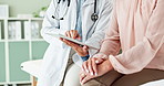 Tablet, hands and doctor with patient for consultation in hospital with medical research. Digital technology, discussion and closeup of healthcare worker explaining diagnosis to woman in clinic.