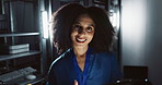 Woman, tablet and face for technology as computer engineer and problem solving in data centre. Developer, digital and happy portrait in server room, job and it infrastructure for network programming