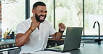 Laptop, winner and success with man in kitchen of home for celebration of financial goals or target. Computer, wow or surprise and happy young man in apartment for stock market trading or bonus