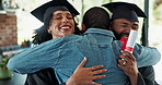 Graduation, student and couple of friends hugging in home with phone for celebration or memory. Education, photograph and smile with people embracing for university achievement or success together