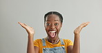 Face, excited and black woman with celebration, winner and achievement on grey studio background. Portrait, person and model with victory or success with lottery and smile with expression or reaction