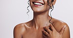 Happy, woman and skincare for body and beauty with self care and dermatology in white background of studio. Girl, model and closeup with healthy glow on shoulder, skin with soft texture or cosmetics