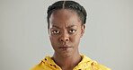 Black woman, portrait and disappointed in studio, frustration and upset on white background. Face, regret and shaking head of female model person, emotional and annoyed or disapproval of situation 
