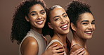 Face, women and together in studio for cosmetology or skincare with diversity for support and wellness. Natural makeup, beauty and dermatology with cosmetics for glowing skin, self care and aesthetic