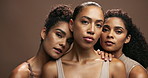 Face, women and together in studio for beauty or skincare with diversity for support and wellness. Natural makeup, cosmetology and dermatology with cosmetics for glowing skin, self care and aesthetic