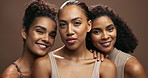 Face, women and group with dermatology, beauty and healthy skin on a brown studio background. Models, friends and girls with wellness and skincare with luxury and smile with self care and cosmetics