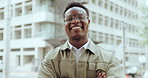 African business man, arms crossed and face in city with smile, confidence an outdoor on metro street. Person, entrepreneur and happy on urban sidewalk, road or town with pride for career in Kenya