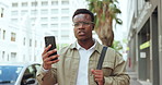 Business man, video call and talk in city with earphones, listen or conversation with anger in road. Person, employee and smartphone with frustrated face, chat or contact on metro sidewalk in Kenya