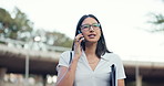 Phone call, business and woman in a city for travel, appointment or planning chat outdoor. Smartphone, hello or female consultant with app in New York for client, consulting or contact communication