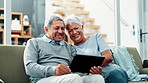 Senior couple, happy and tablet on sofa with reading for funny memory with love, care and bonding with app. Old man, elderly woman and hug with touchscreen, scroll or remember with comic chat in home