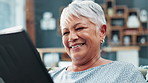 Senior, happy woman and relax with tablet for social media, communication or networking at home. Face of elderly female person with smile on technology for online research, browsing or scrolling app