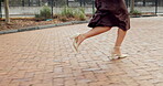 Running, business and woman late for appointment, commute and morning travel to workplace. Urban, sidewalk and professional female person for rush, delay and in a hurry for destination in city 