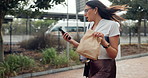 Phone, city and business woman late for work in street or sidewalk in Cape Town reading bad news. Stress, notification or professional employee running on road in rush for appointment or schedule