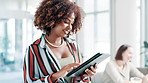 Happy, black woman and browsing with tablet at office for research, communication or networking. African female person or employee with smile on technology for online search or scrolling at workplace
