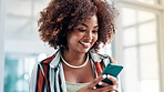Happy, black woman and typing with phone at office for communication, social media or networking. Face of African female person with smile on mobile smartphone for online chatting, texting or app