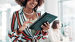 Black woman, hands and browsing with tablet at office for research, communication or networking. Closeup of African female person or employee with smile on technology for online search or scrolling