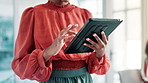 Business woman, hands and scrolling with tablet at office for communication, research or networking. Closeup of female person or employee browsing on technology for online search at the workplace