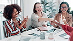 Business women, handshake and applause in meeting for success, teamwork and congratulations with thank you for promotion. Professional group of people or b2b clients shaking hands for HR announcement