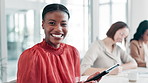 Black woman, tablet and meeting with team for leadership, communication or networking at office. Portrait of African female person or employee with smile on technology in online research at workplace