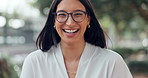 Happy, woman and portrait with laugh for funny, positive attitude and travel to work in morning. Smile, businesswoman and face of person with glasses for good mood, job pride and commute to work