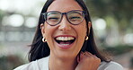 Portrait, woman and smile with laugh for fun, positive attitude and good mood outdoors in city. Happy, laugh and face of consultant with glasses for vision, job pride and confidence in morning