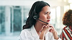 Call center, customer support and woman in office for consulting, help and CRM service. Telemarketing, networking and business person listen with headset for contact, connection and communication