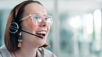 Call center, customer support and woman in office with headset for consulting, help and CRM service. Telemarketing, networking and business person talking for contact, connection and communication