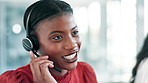 Call center, customer service and black woman in office for consulting, help and CRM service. Telemarketing, networking and business person with headset for contact, connection and communication