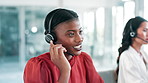 Call center, customer support and black woman in office for communication, talking and CRM service. Telemarketing, networking and business person with headset for contact, connection and consulting